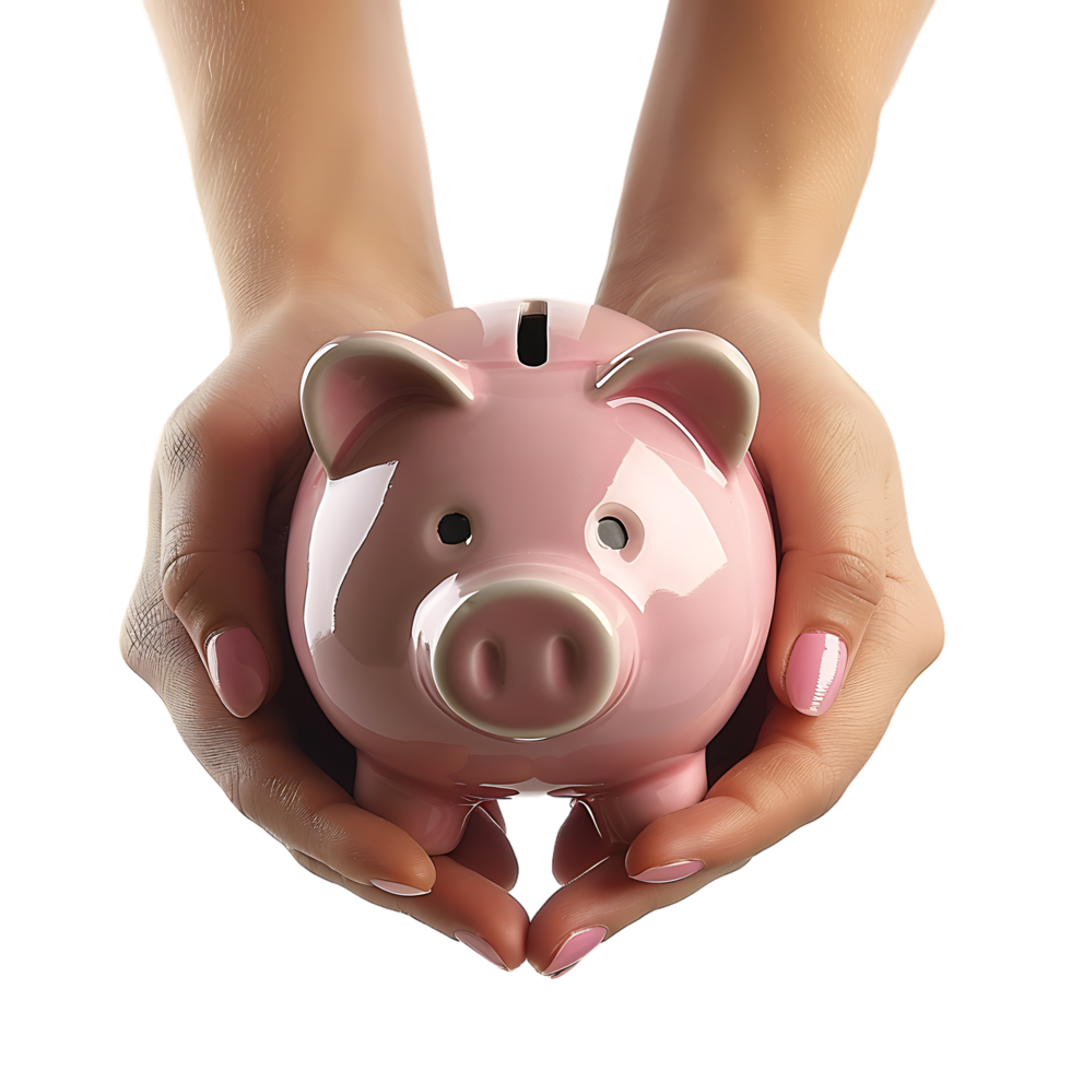 A female hand holding a PINK piggy bank isolated against a TRANSPARENT background png