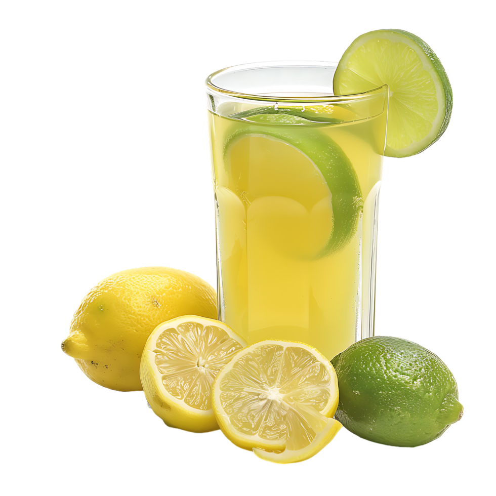 A glass of lemonade with lemons and limes isolated against a transparent background png