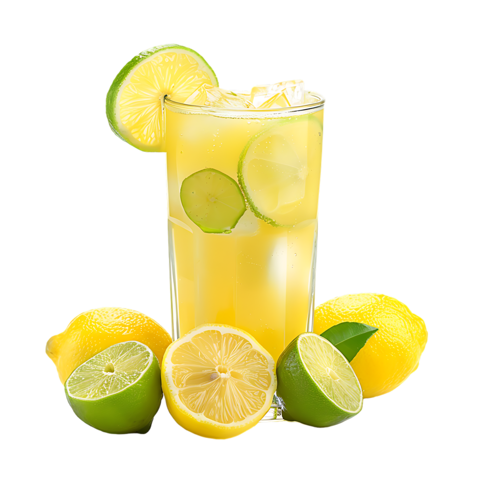 A glass of lemonade with lemons and limes isolated against a transparent background png