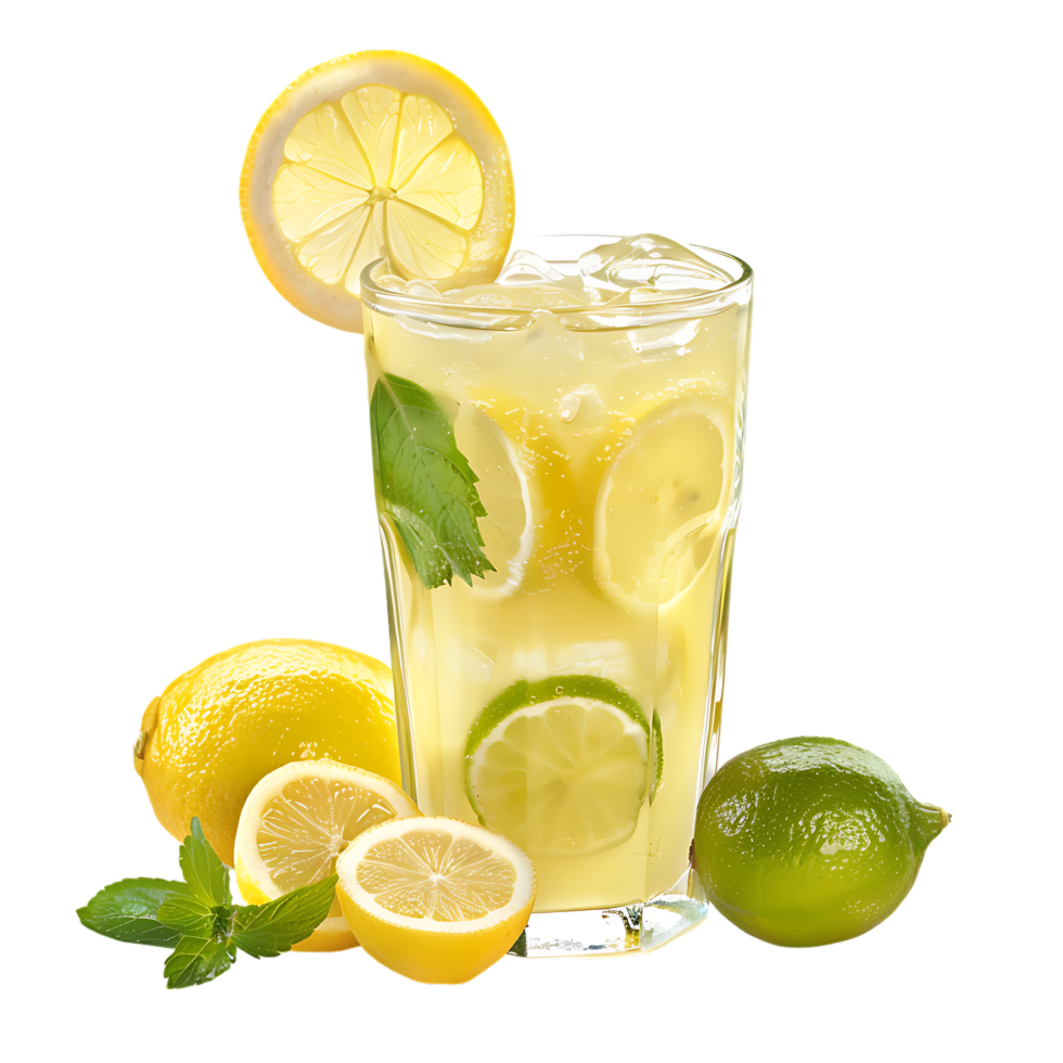 A glass of lemonade with lemons and limes isolated against a transparent background png