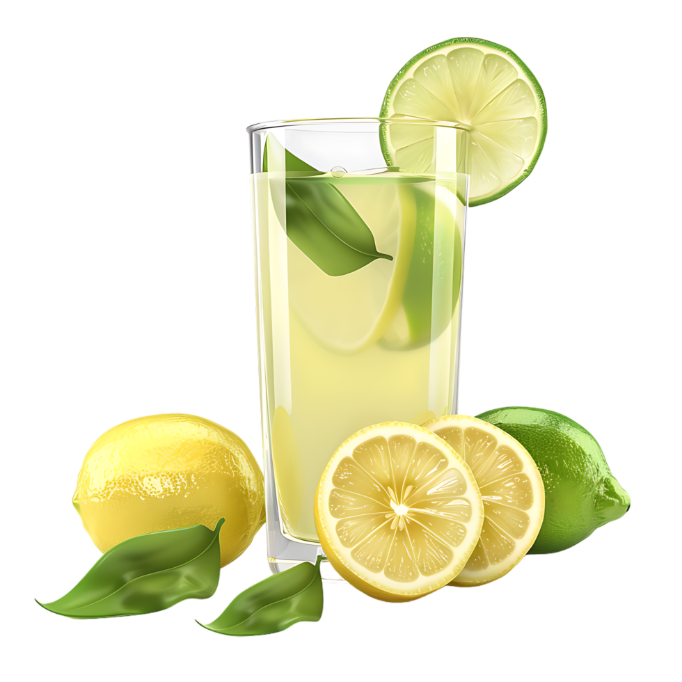 A glass of lemonade with lemons and limes isolated against a transparent background png