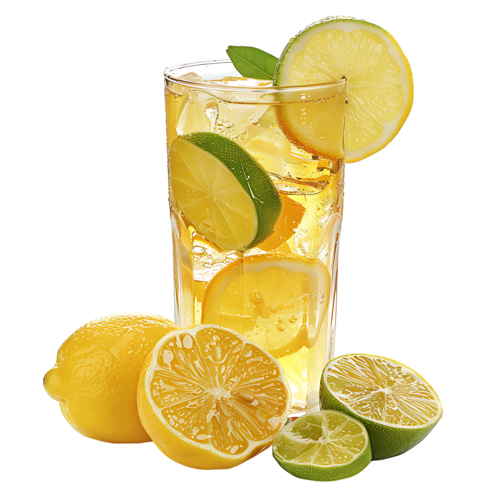 A glass of lemonade with lemons and limes isolated against a transparent background png