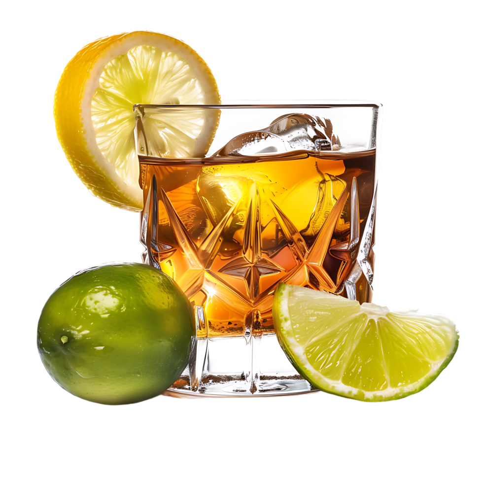 A glass of whiskey with a lemon and lime on it isolated against a transparent background png