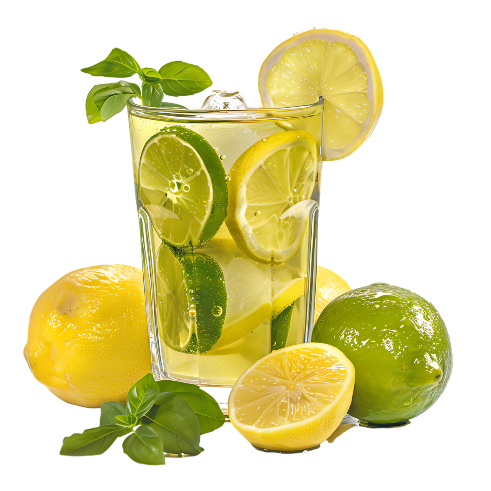 A glass of lemonade with lemons and limes isolated against a transparent background png