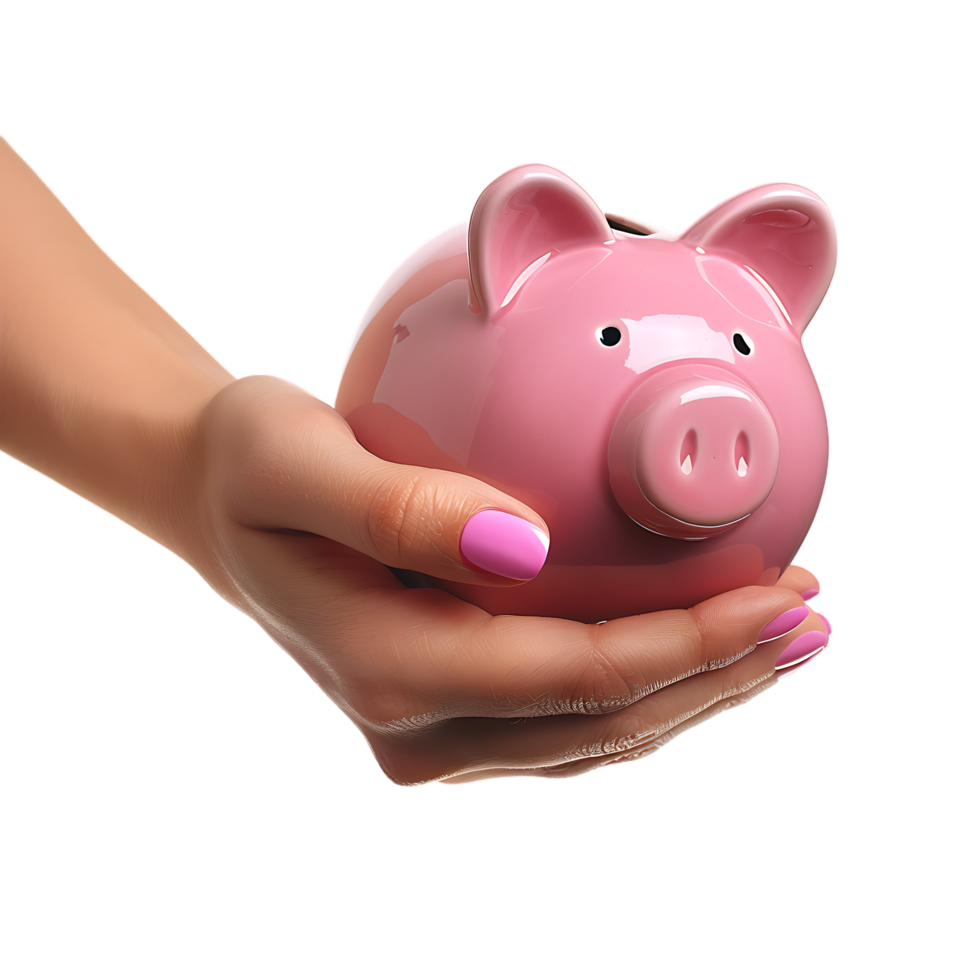 A female hand holding a PINK piggy bank isolated against a TRANSPARENT background png