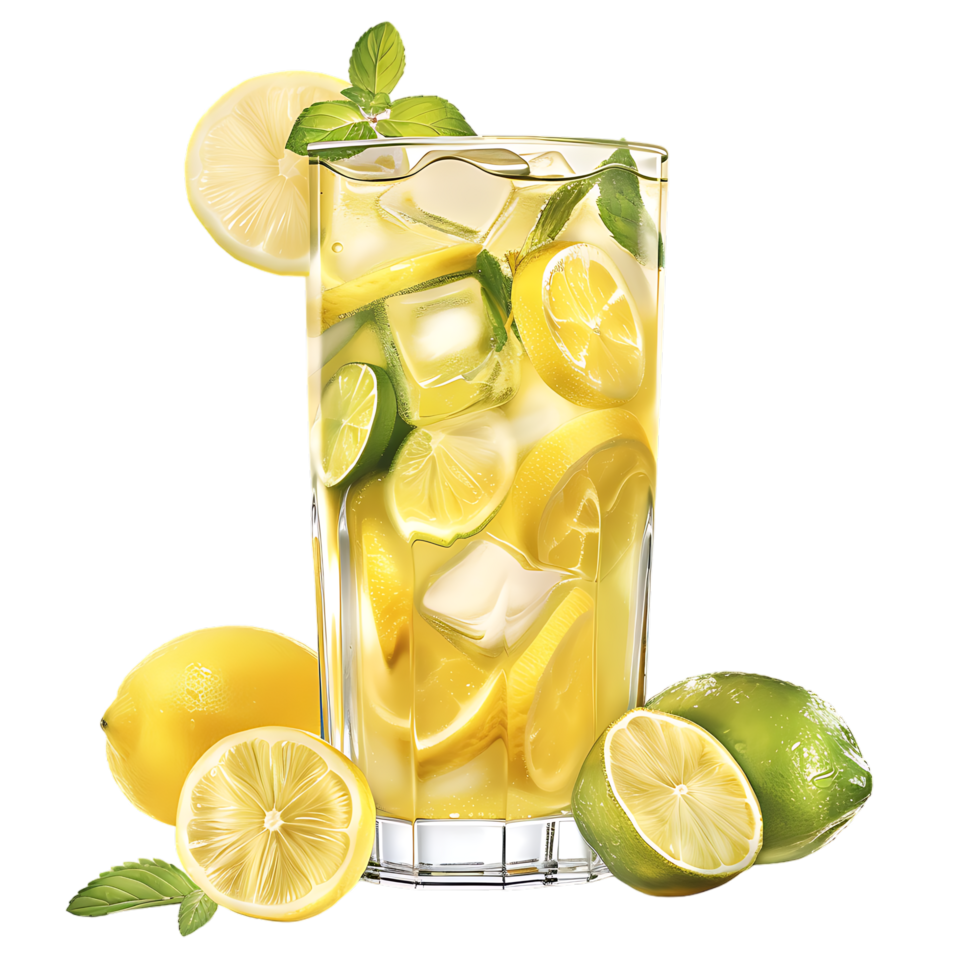 A glass of lemonade with lemons and limes isolated against a transparent background png