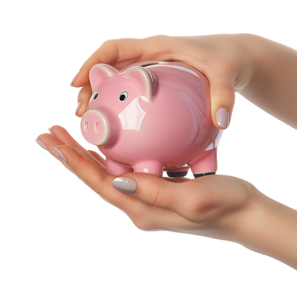A female hand holding a PINK piggy bank isolated against a TRANSPARENT background png