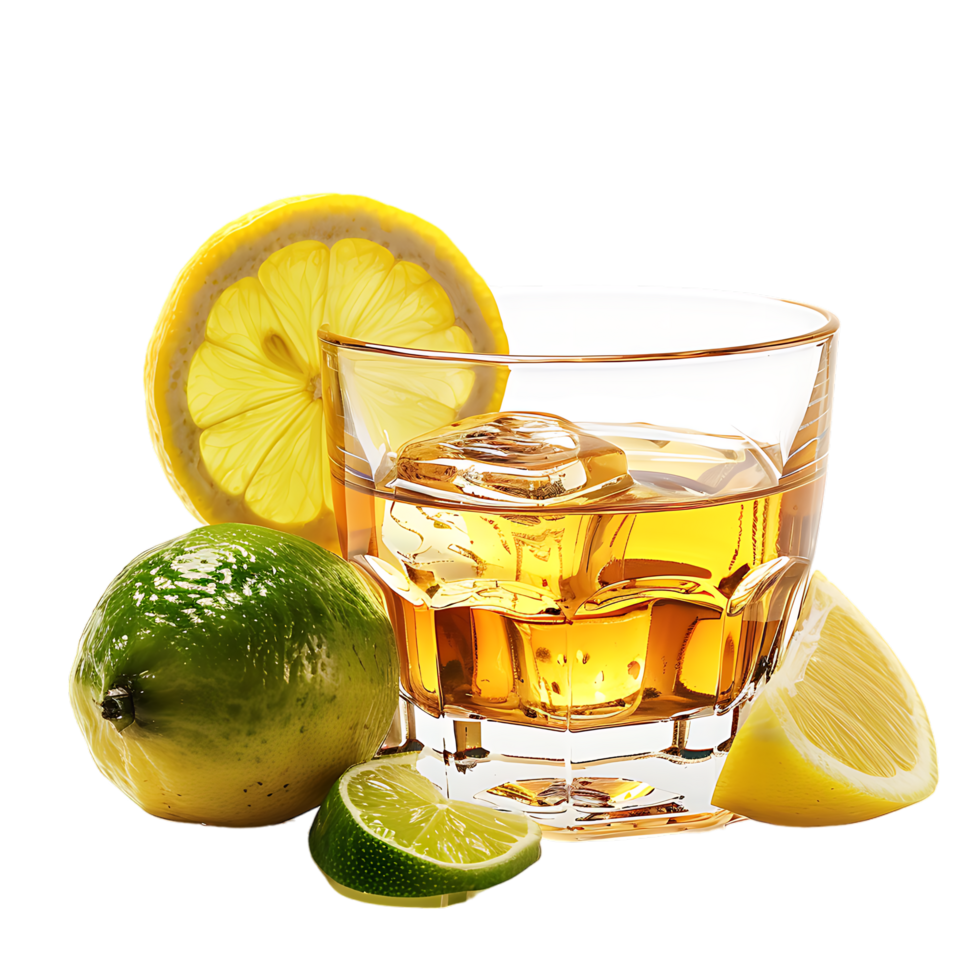 A glass of whiskey with a lemon and lime on it isolated against a transparent background png