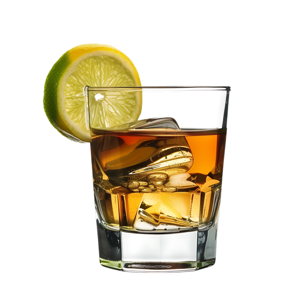A glass of whiskey with a lemon and lime on it isolated against a transparent background png