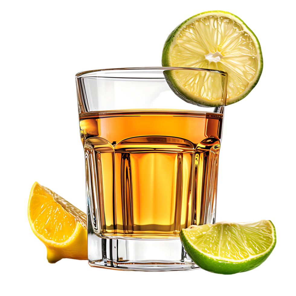 A glass of whiskey with a lemon and lime on it isolated against a transparent background png