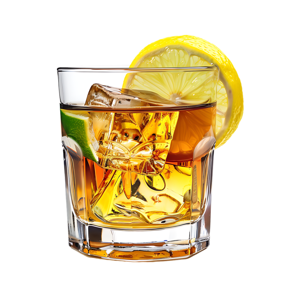 A glass of whiskey with a lemon and lime on it isolated against a transparent background png