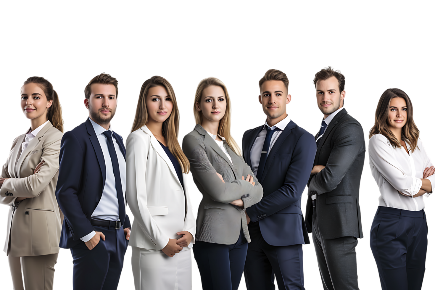 A group of business individuals positioned stands united and poised for success png