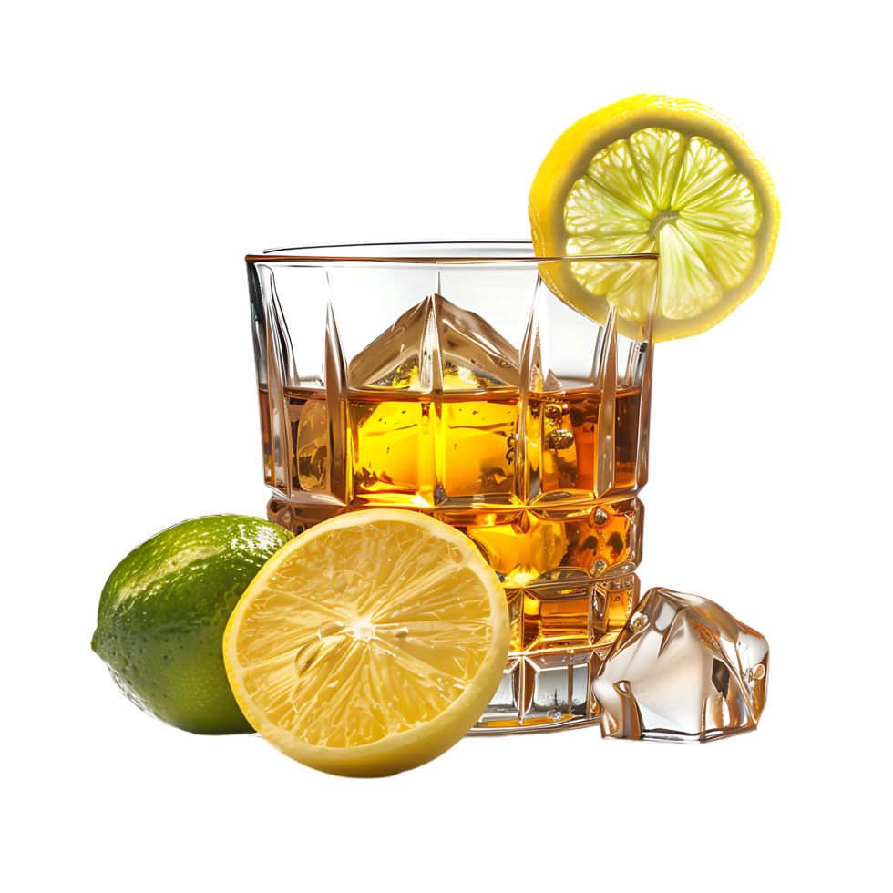 A glass of whiskey with a lemon and lime on it isolated against a transparent background png