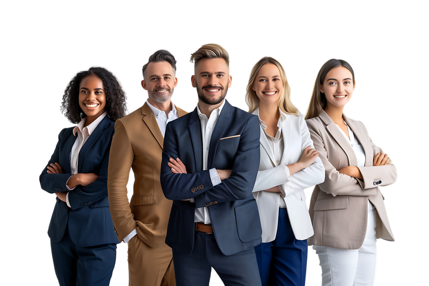 A group of business individuals positioned stands united and poised for success png