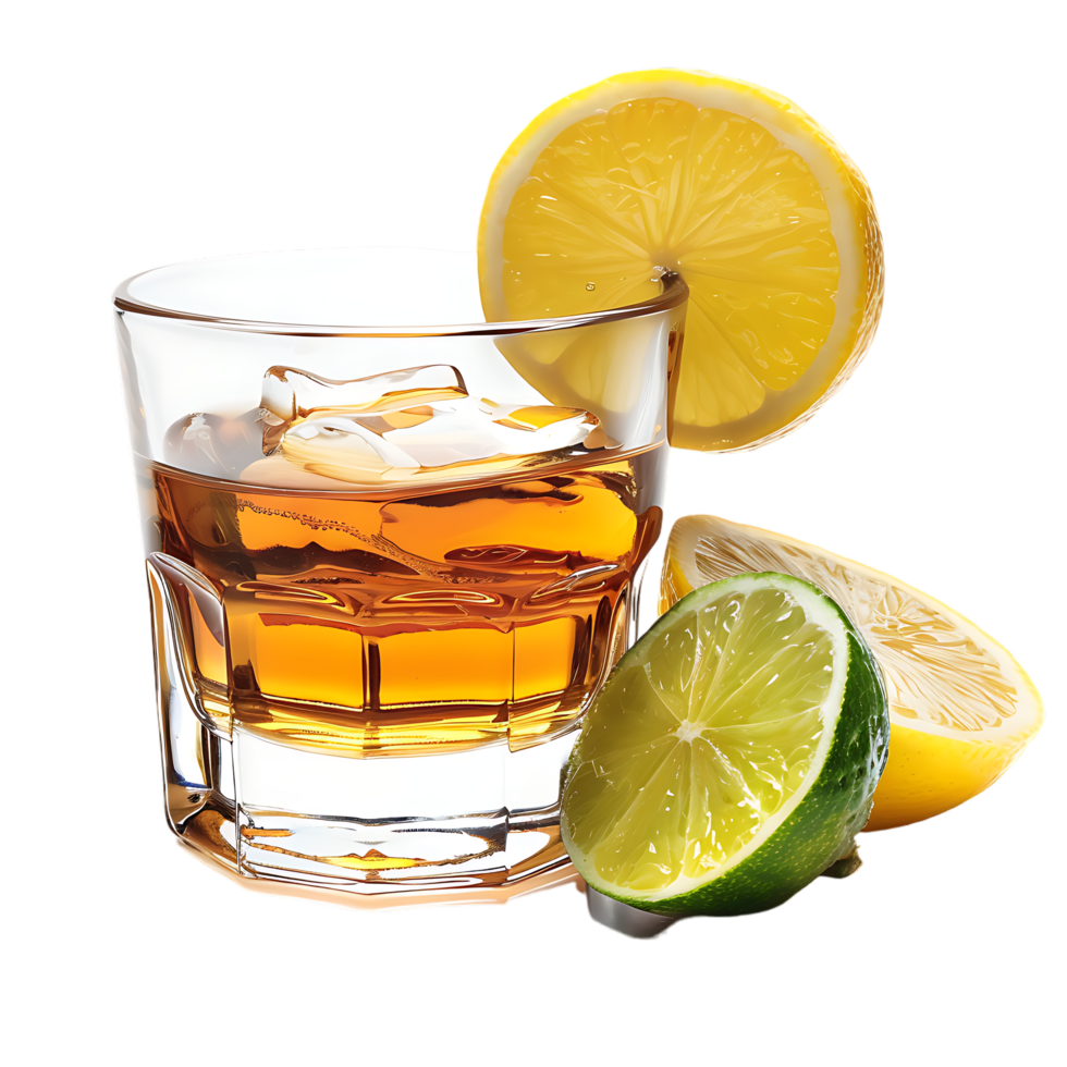 A glass of whiskey with a lemon and lime on it isolated against a transparent background png