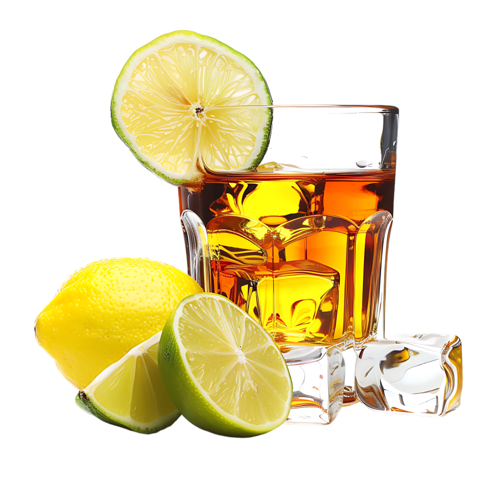 A glass of whiskey with a lemon and lime on it isolated against a transparent background png
