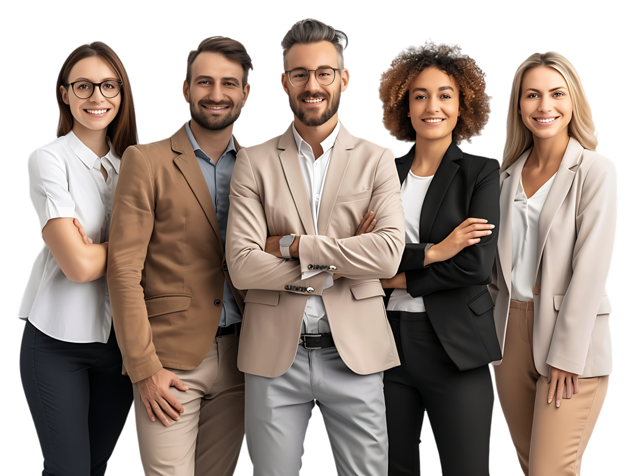 A group of business individuals positioned stands united and poised for success png