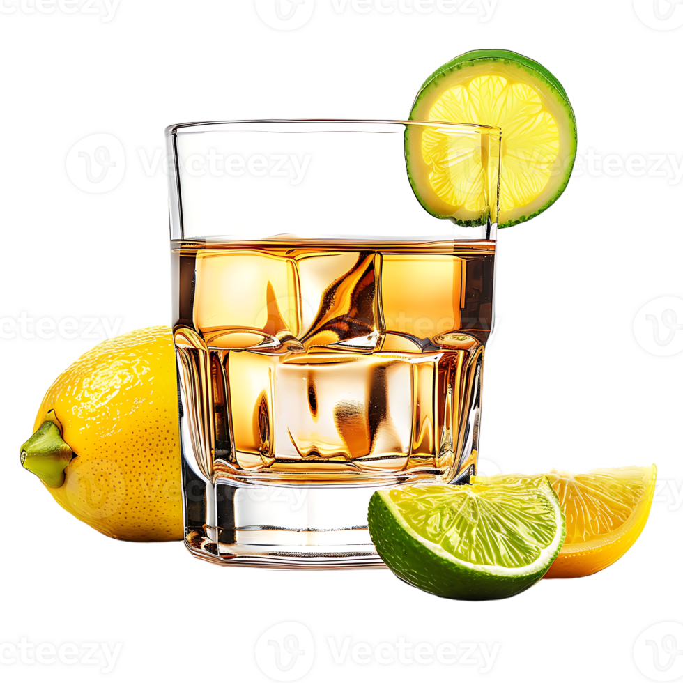 A glass of whiskey with a lemon and lime on it isolated against a transparent background png