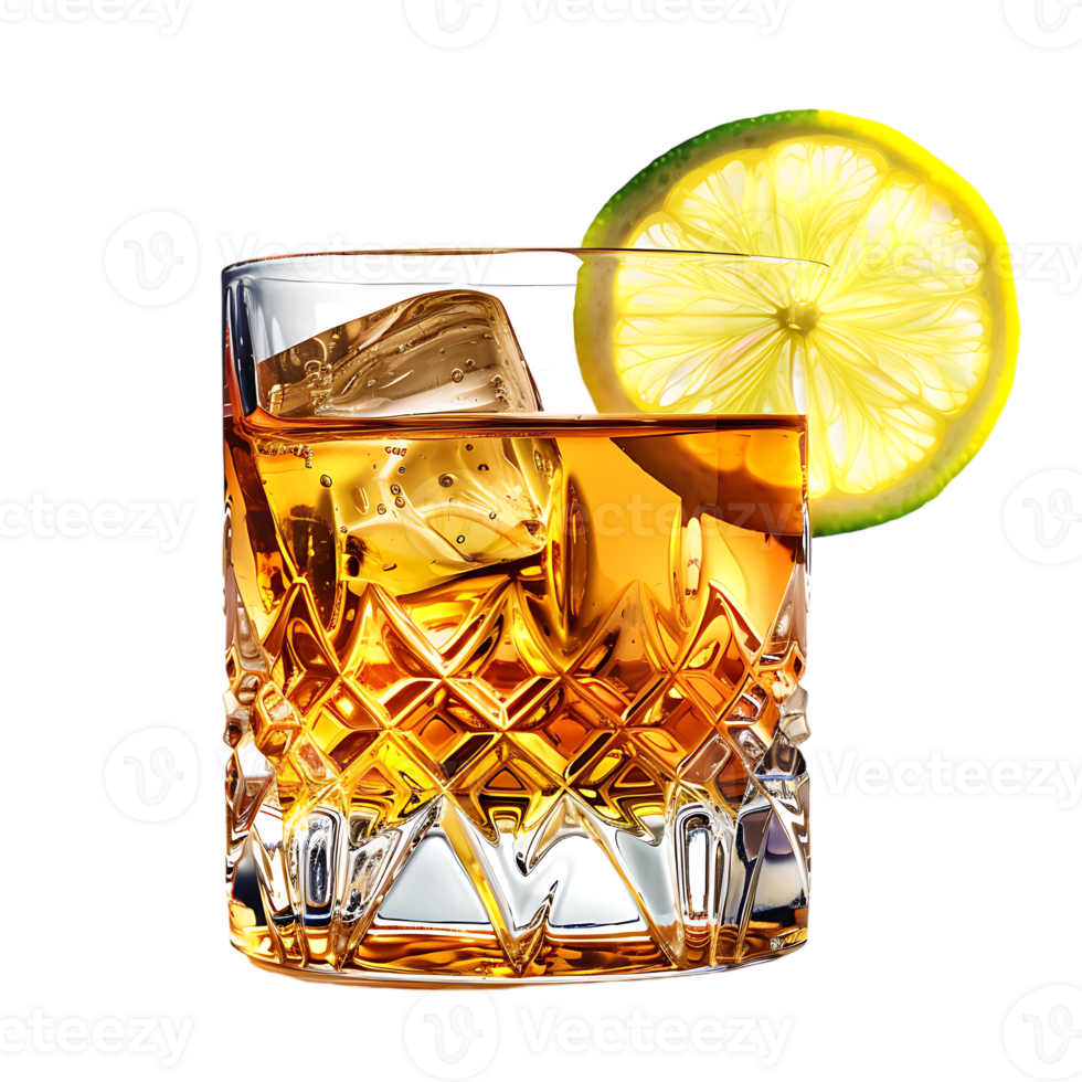 A glass of whiskey with a lemon and lime on it isolated against a transparent background png