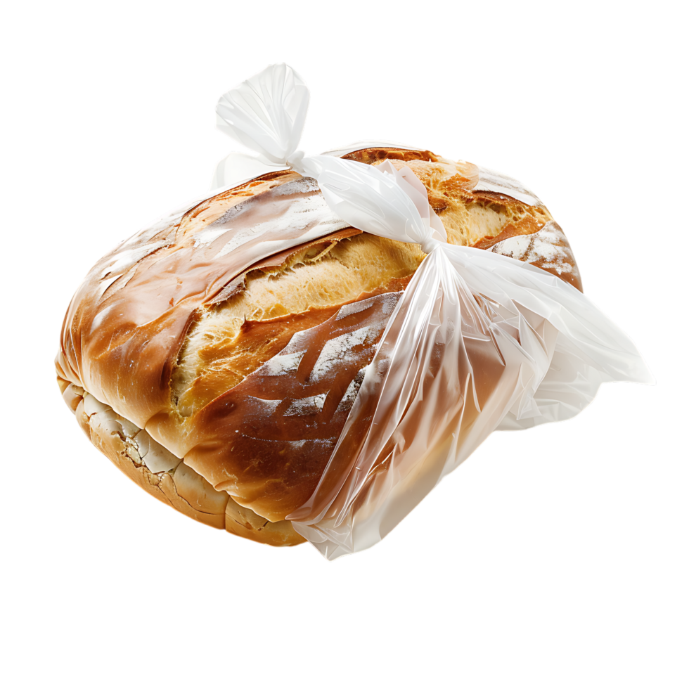 A loaf of bread in a plastic bag with a white plastic tag png