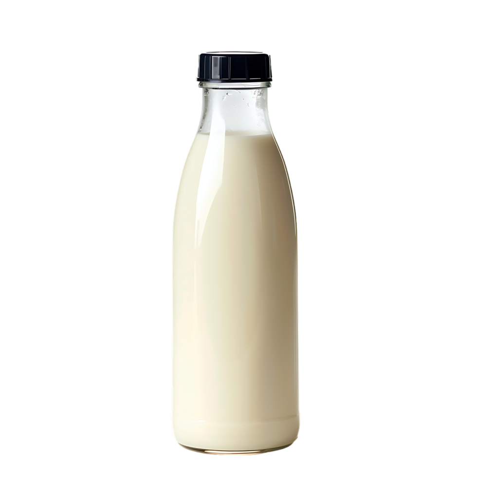 A milk bottle with a black cap on top isolated on a transparent background png