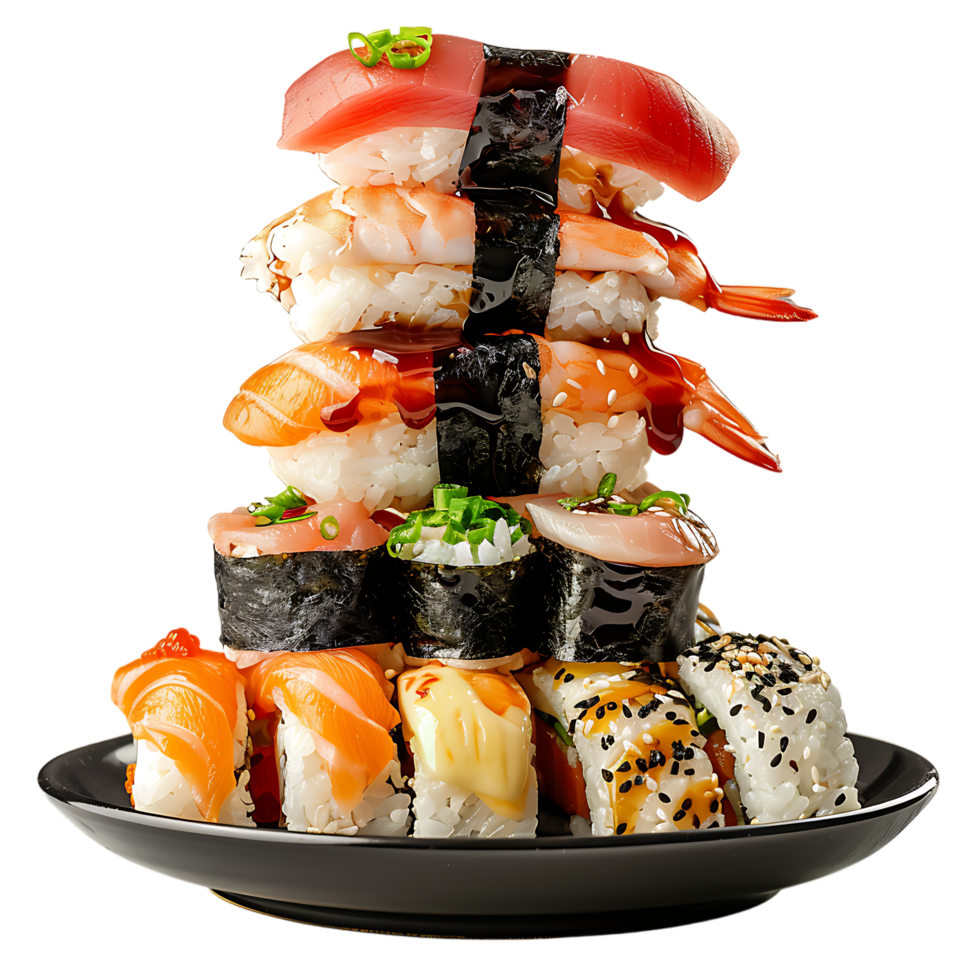 A neatly arranged stack of sushi resting on a plate isolated for focus png
