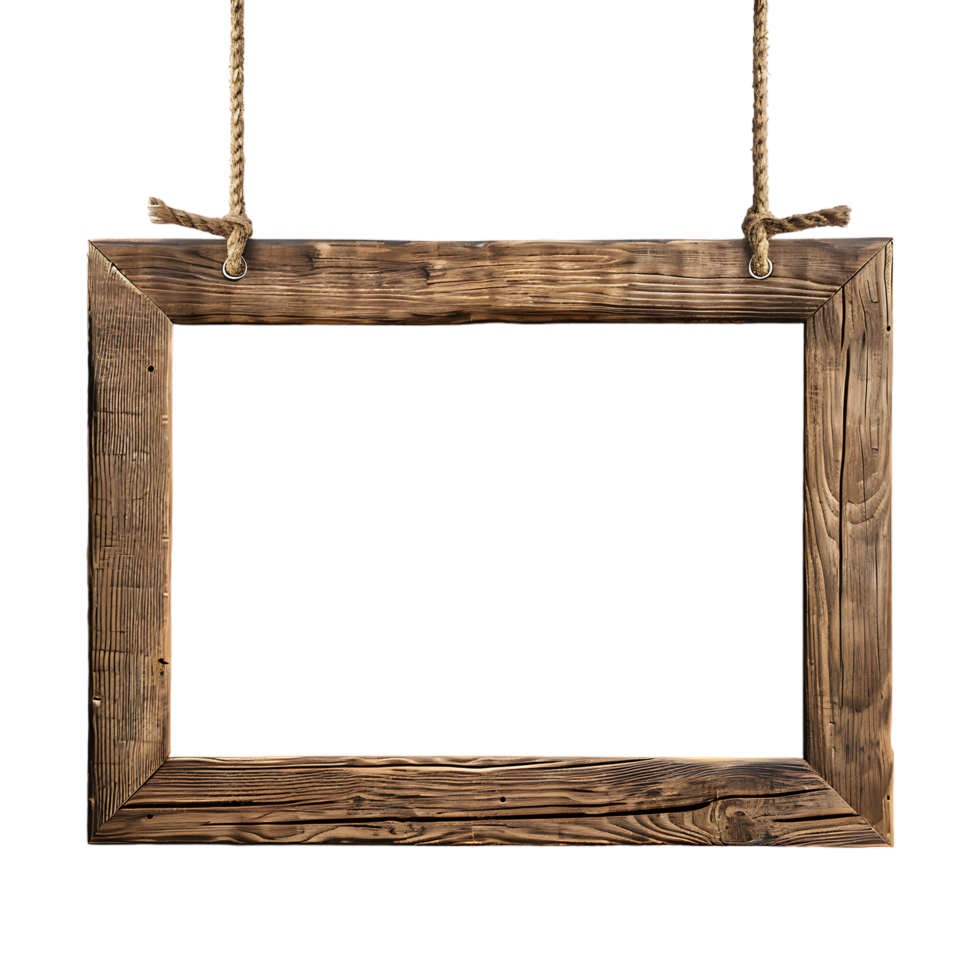 A wooden frame hanging alone against a transparent backdrop png