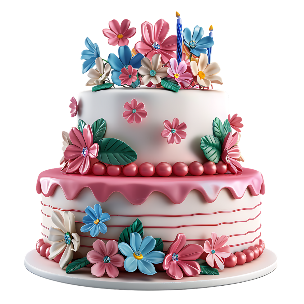 An adorable fondant birthday cake beautifully decorated png