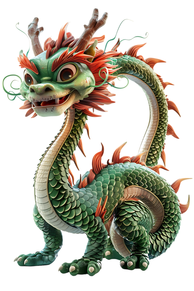 3D Chinese dragon stands alone portrayed in stunning detail with a high-resolution 8K quality png