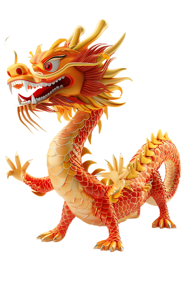 3D Chinese dragon stands alone portrayed in stunning detail with a high-resolution 8K quality png