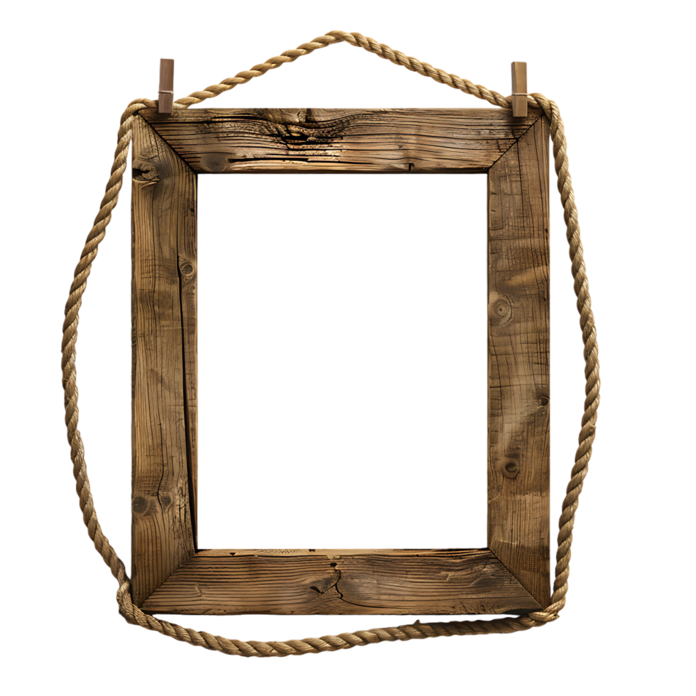 A wooden frame hanging alone against a transparent backdrop png