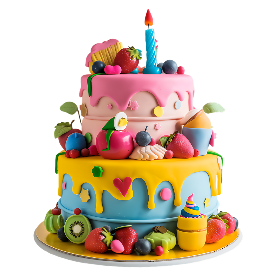 An adorable fondant birthday cake beautifully decorated png