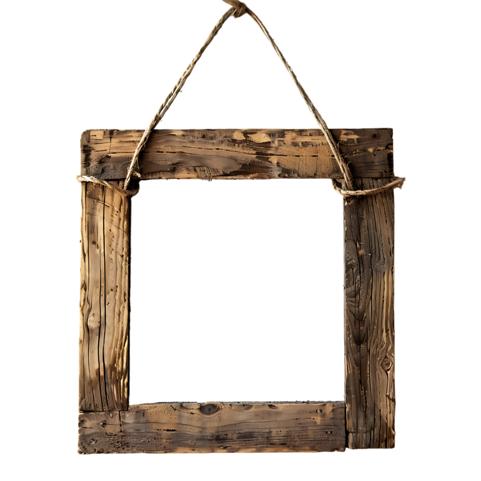 A wooden frame hanging alone against a transparent backdrop png
