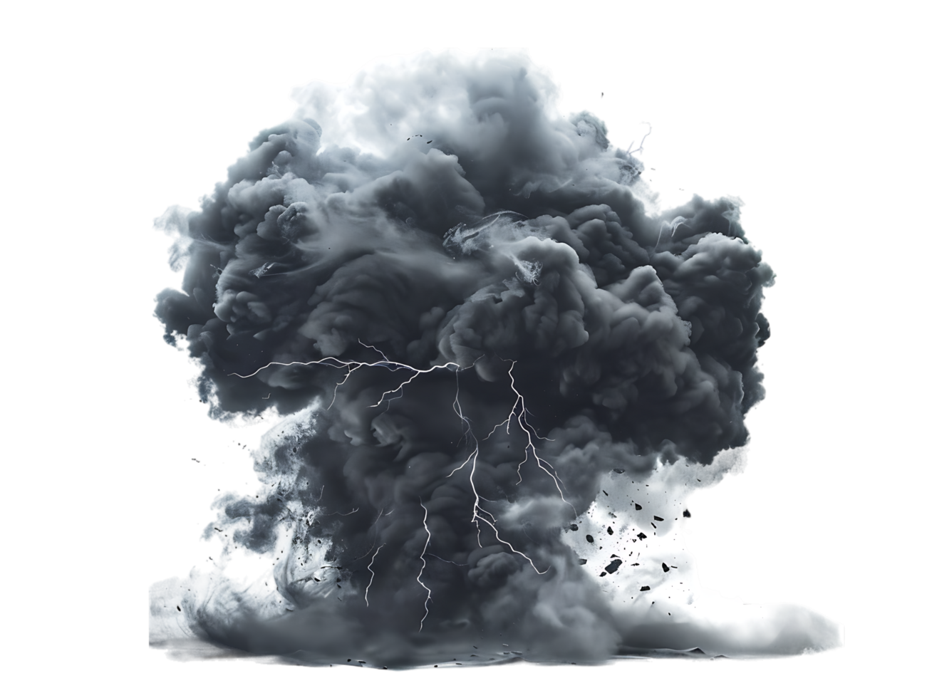 A picture of black storm clouds with intense lightning and smoke available in high resolution png