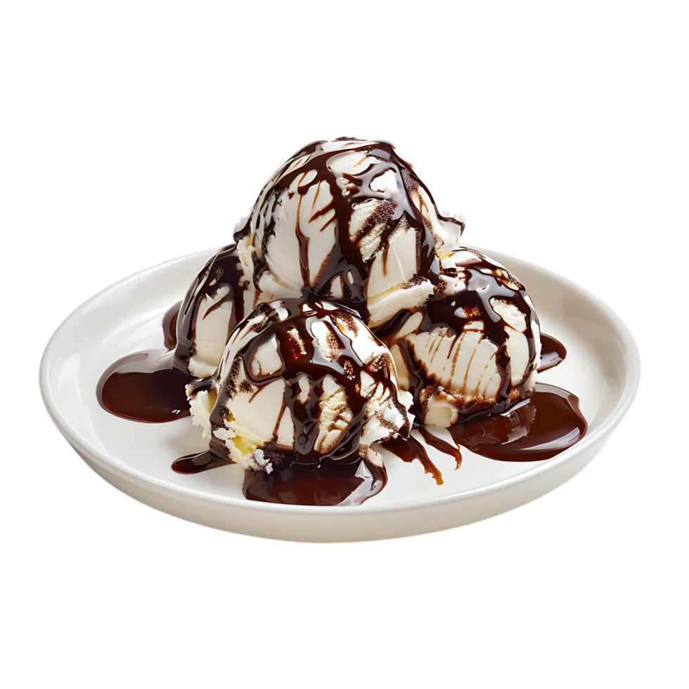 A plate adorned with ice cream drizzled in chocolate sauce is set apart png