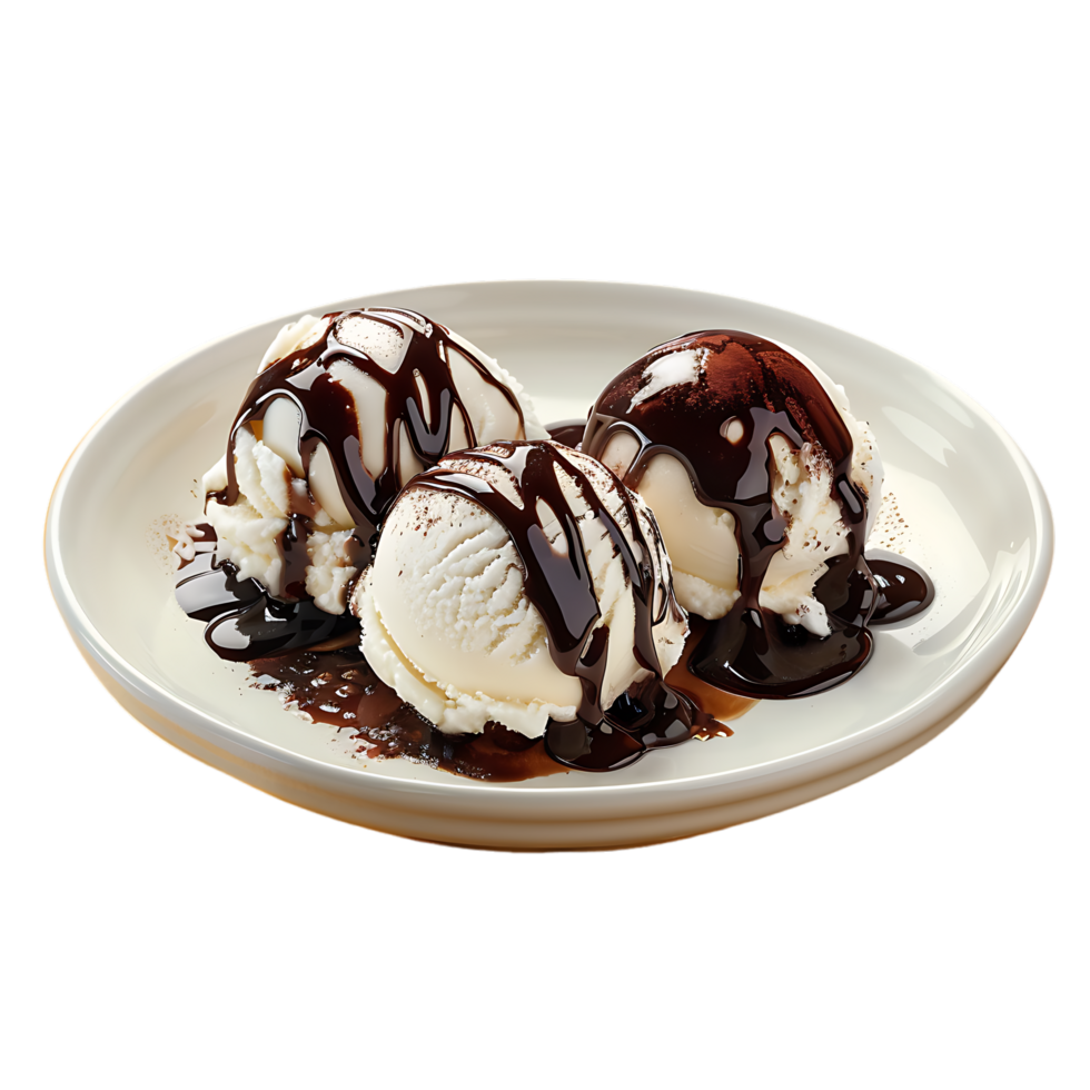 A plate adorned with ice cream drizzled in chocolate sauce is set apart png