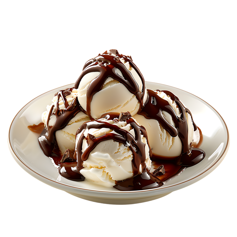 A plate adorned with ice cream drizzled in chocolate sauce is set apart png