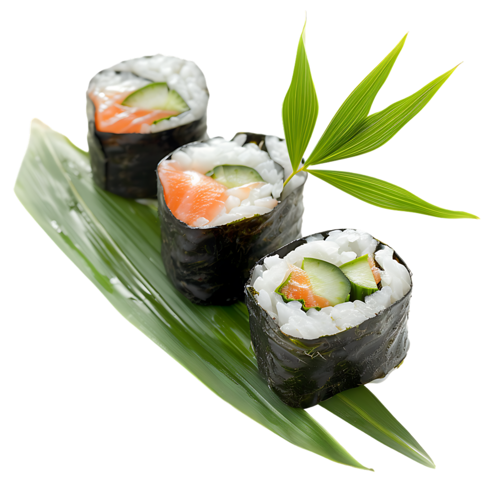 An image showcases sushi one of which features a vibrant green leaf as garnish png