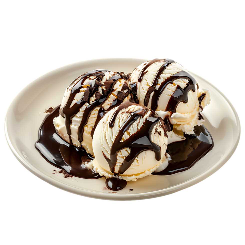 A plate adorned with ice cream drizzled in chocolate sauce is set apart png