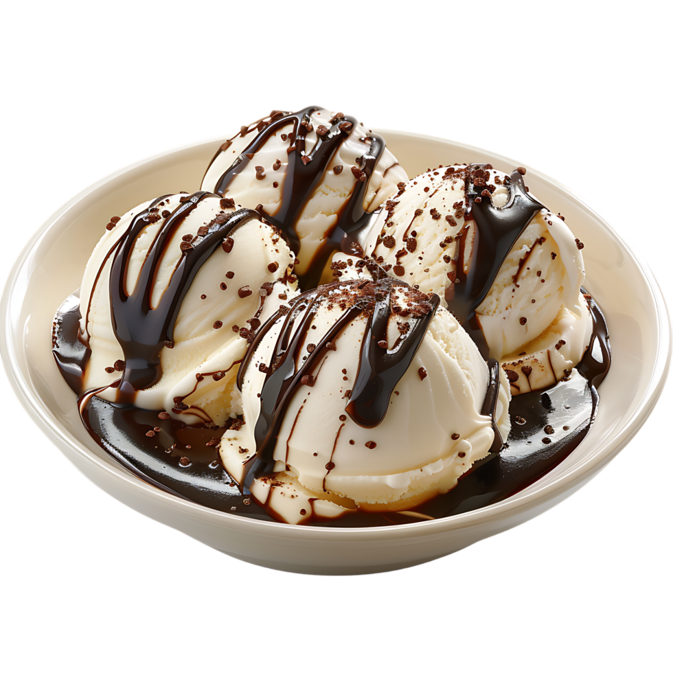 A plate adorned with ice cream drizzled in chocolate sauce is set apart png