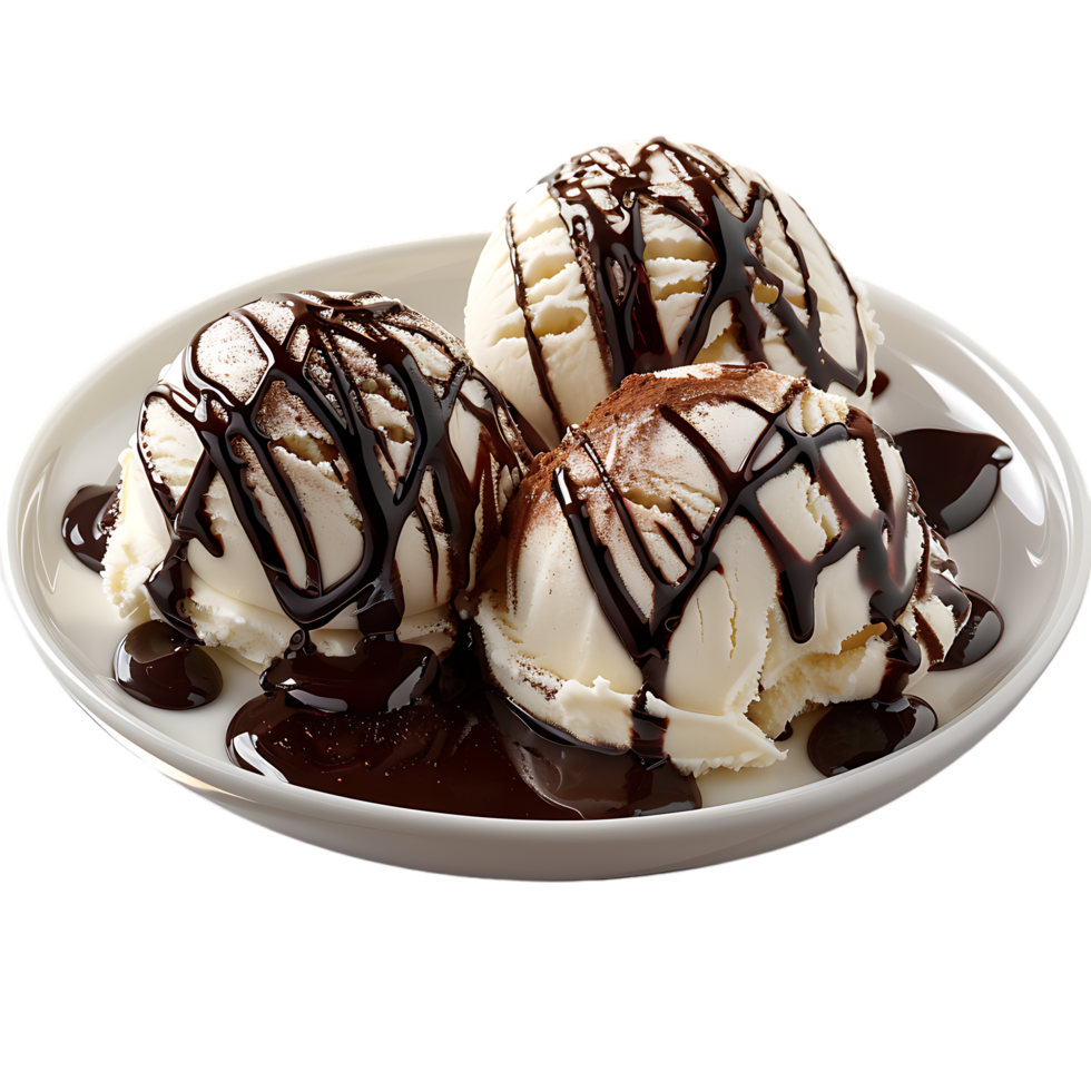 A plate adorned with ice cream drizzled in chocolate sauce is set apart png