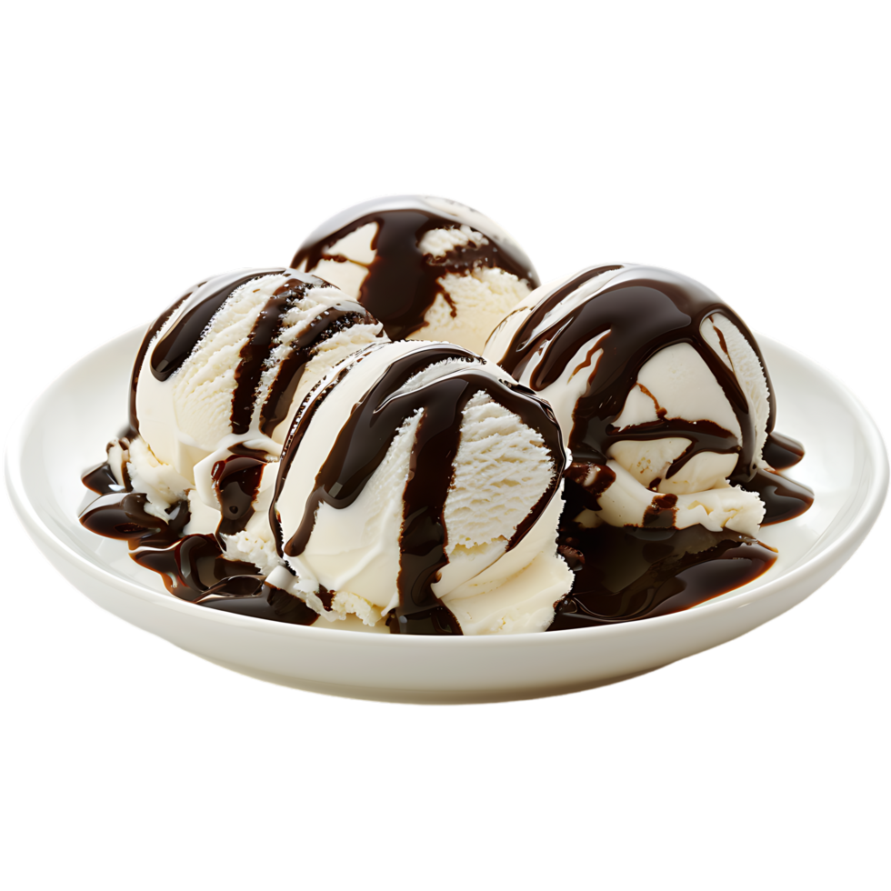 A plate adorned with ice cream drizzled in chocolate sauce is set apart png