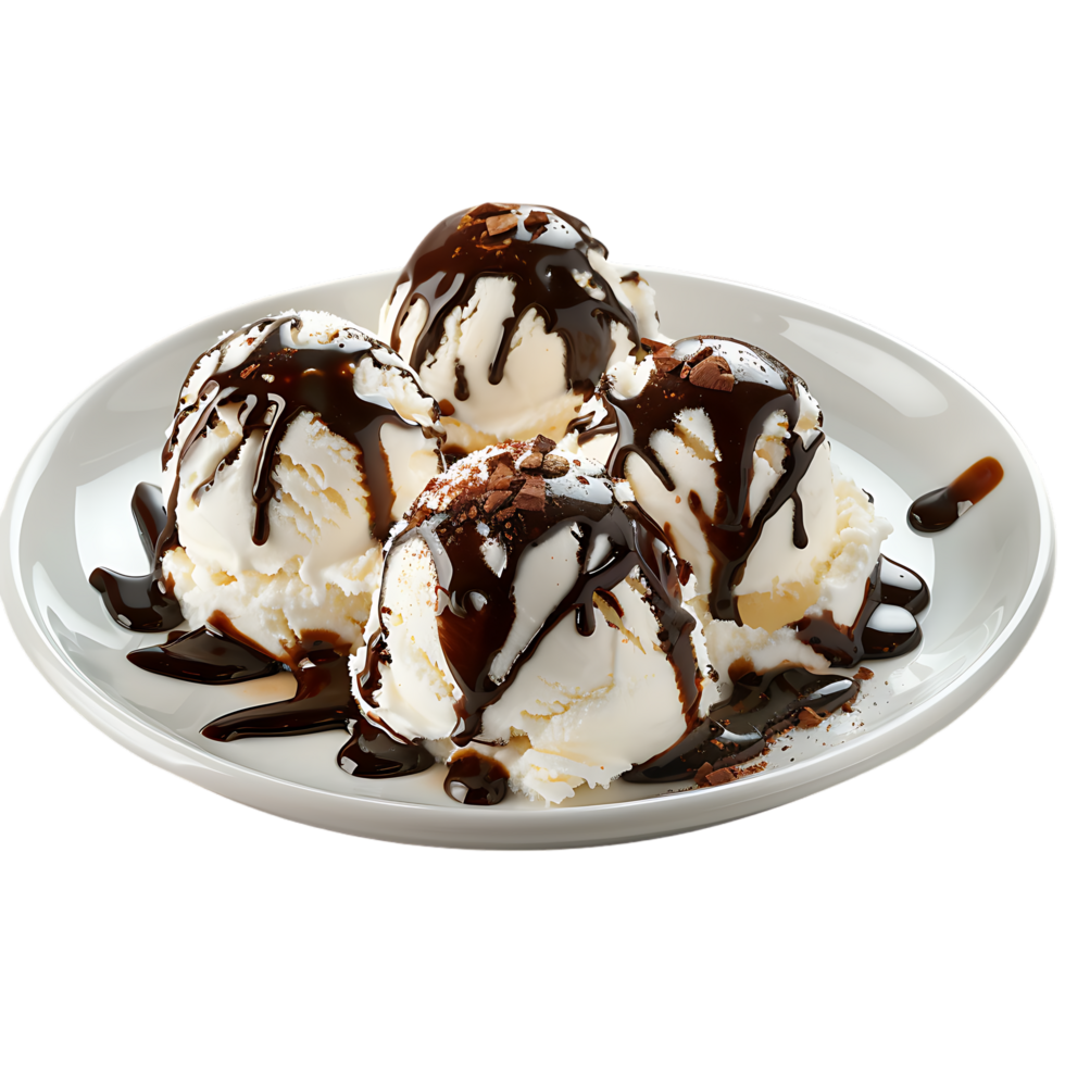 A plate adorned with ice cream drizzled in chocolate sauce is set apart png
