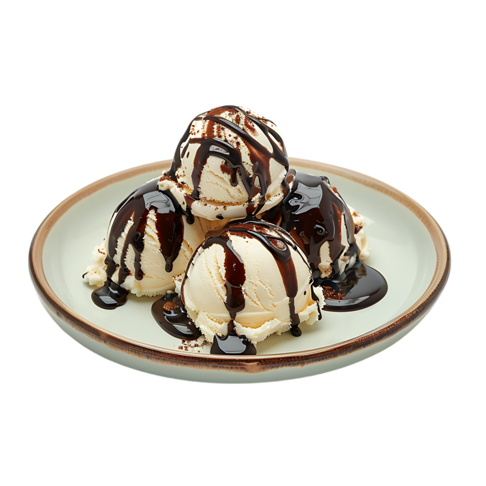 A plate adorned with ice cream drizzled in chocolate sauce is set apart png