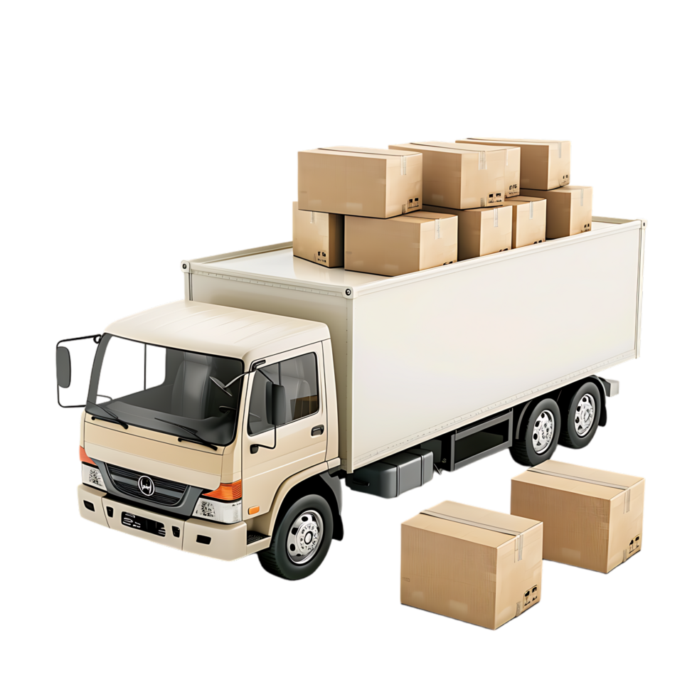 Cargo delivery truck with cardboard boxes png