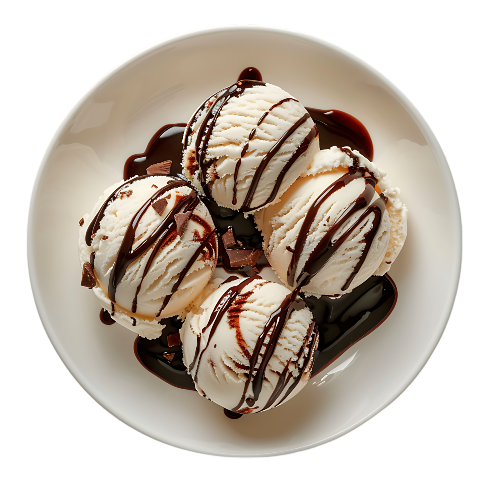 A plate adorned with ice cream drizzled in chocolate sauce is set apart png