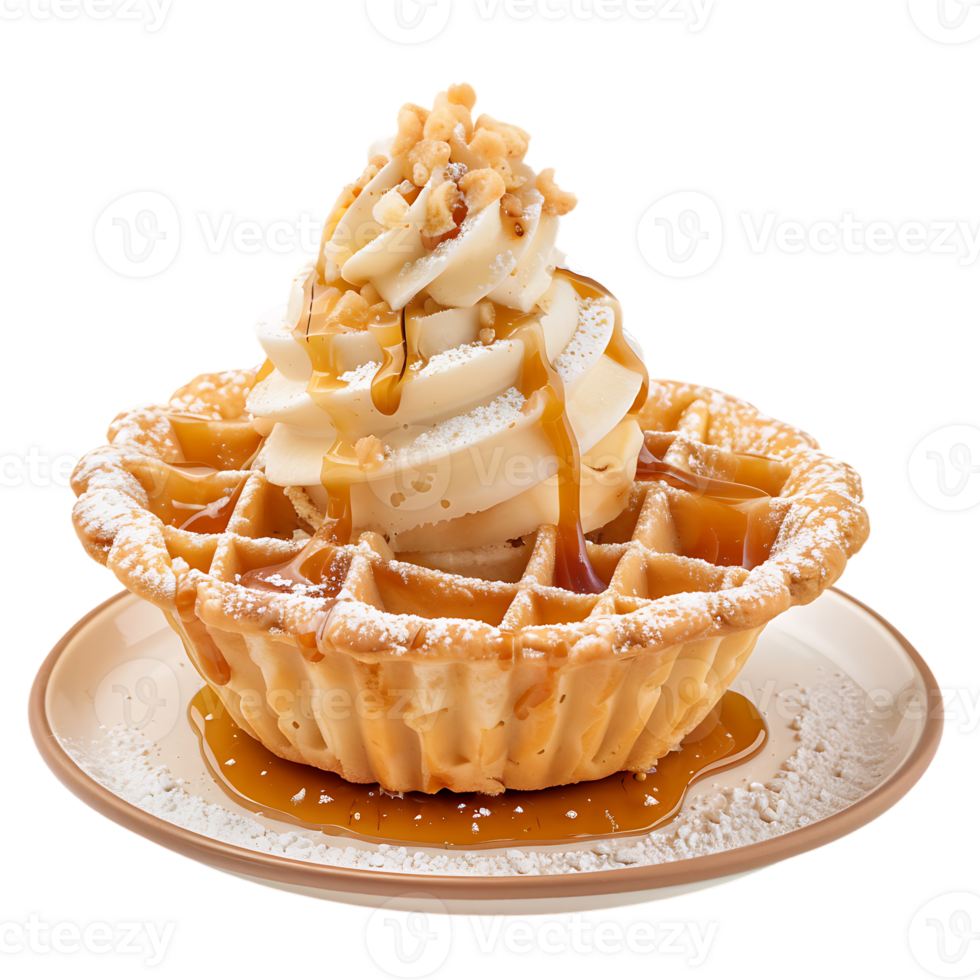 Caramel apple tart with vanilla ice cream in a caramel cup png