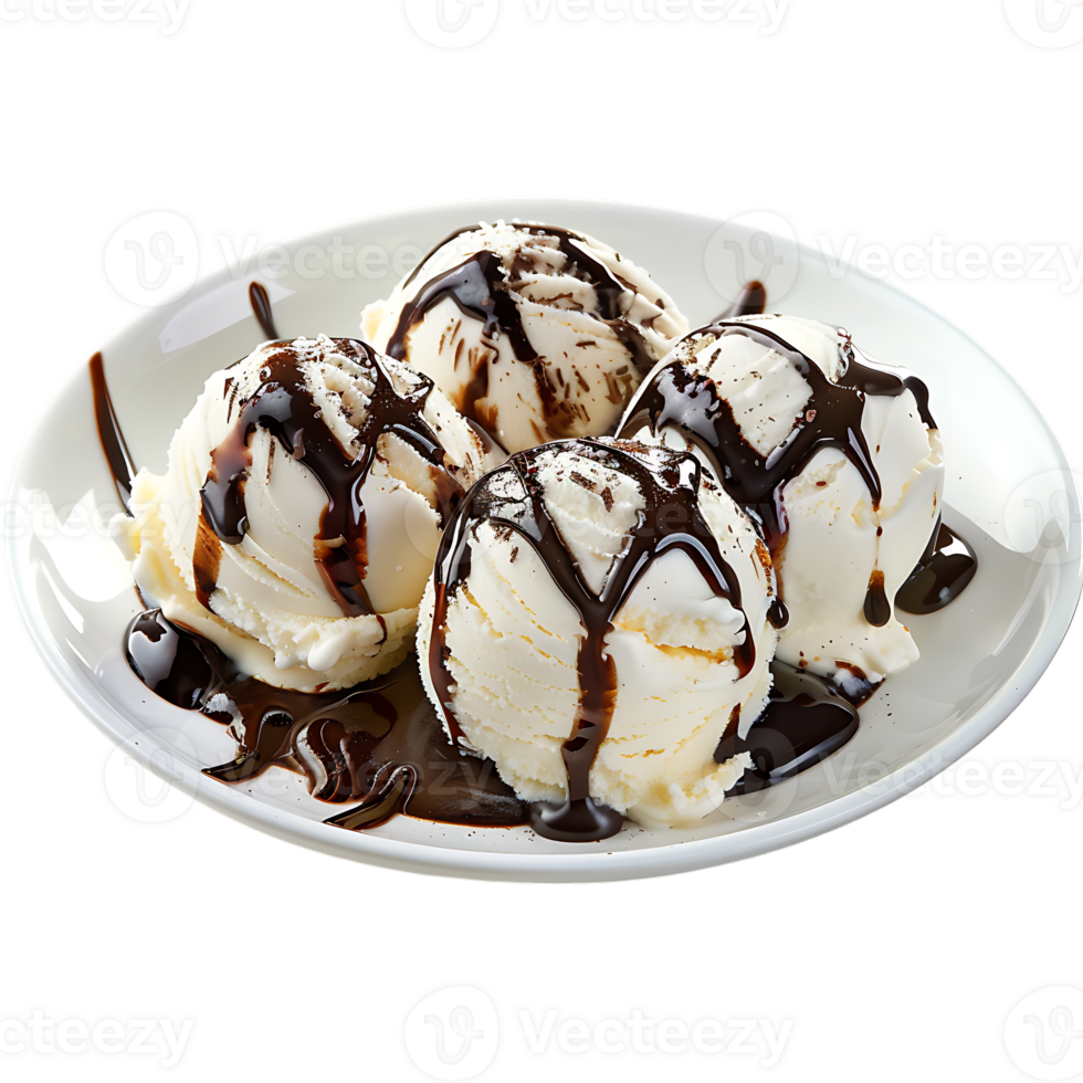 A plate adorned with ice cream drizzled in chocolate sauce is set apart png