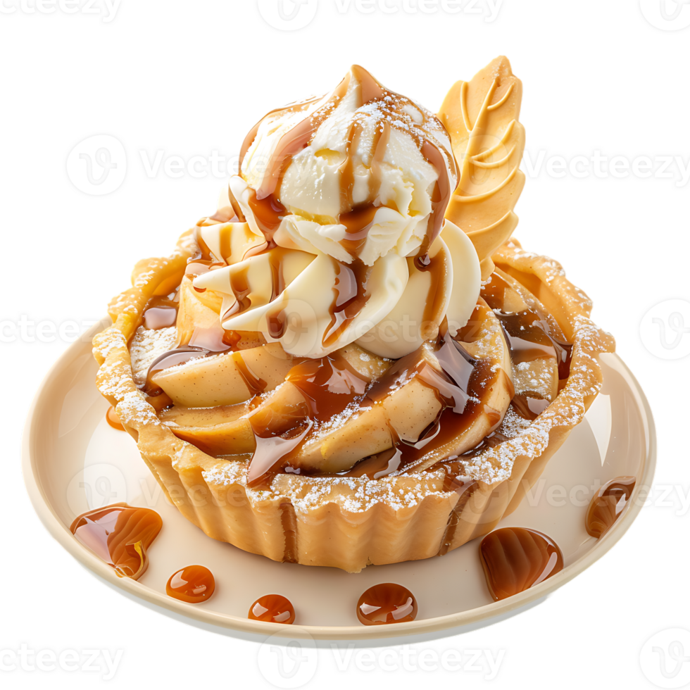 Caramel apple tart with vanilla ice cream in a caramel cup png
