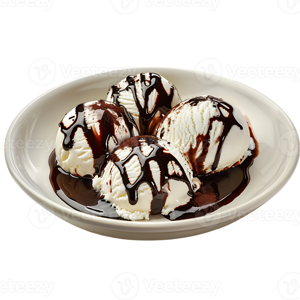 A plate adorned with ice cream drizzled in chocolate sauce is set apart png